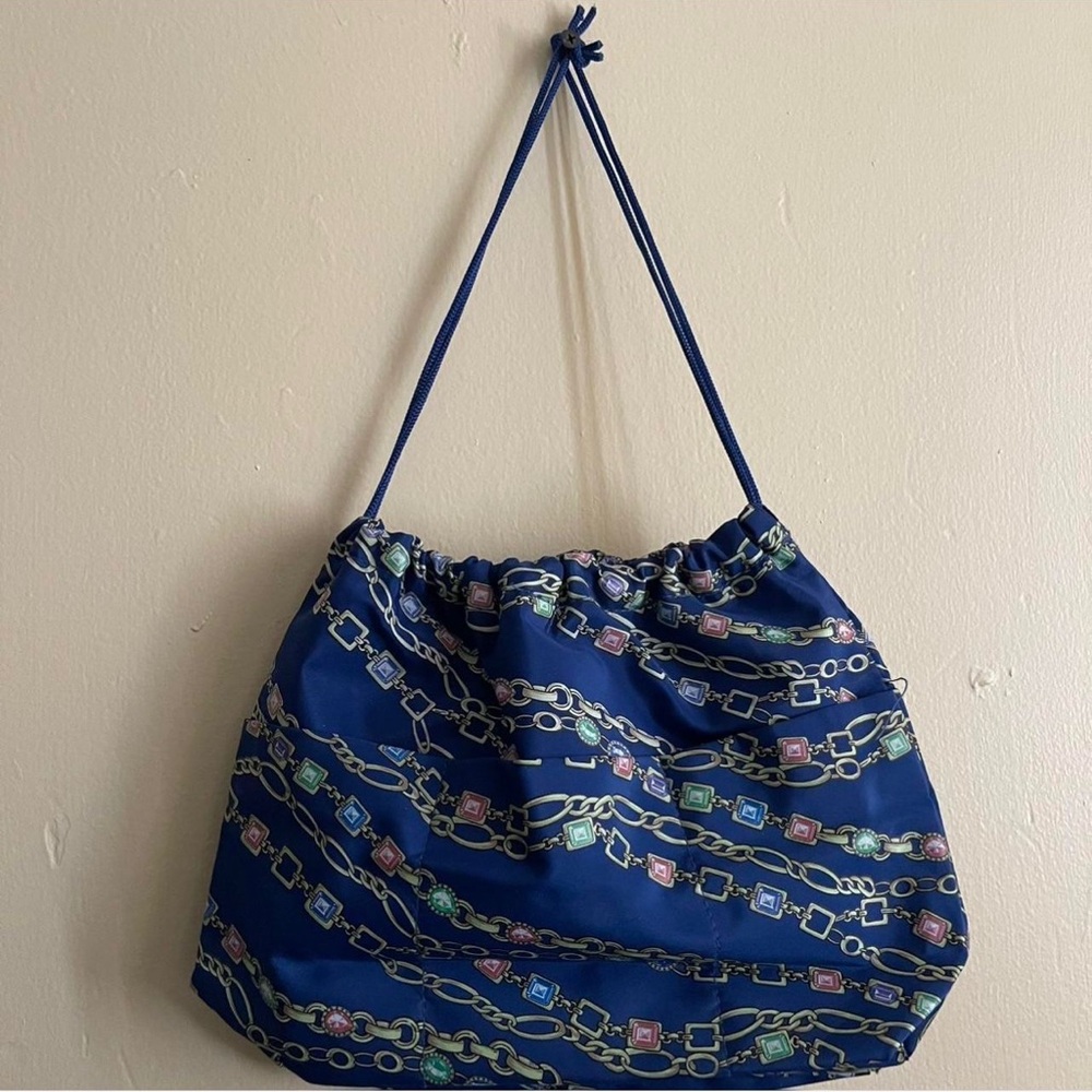 Blue Slouchy Shoulder Bag with Decorative Pattern and Thin Straps